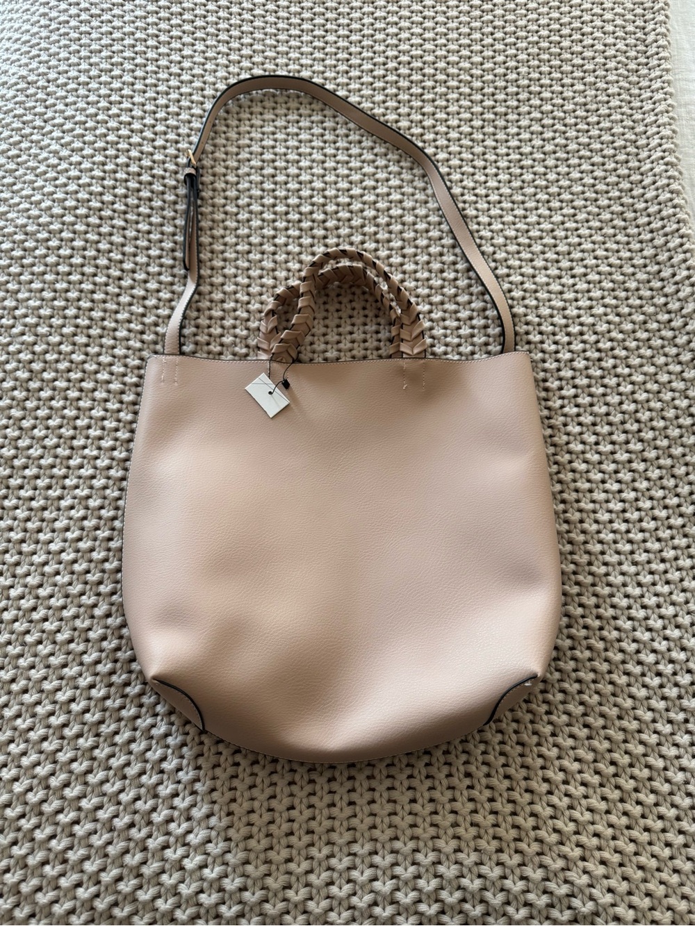 NWT Women's Beige Leather Tote with Braided Handles